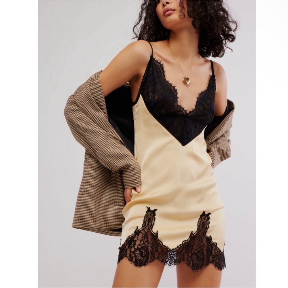 Ronny Kobo Ayesha Lace Trim Free People Dress in Buttercream Black Combo